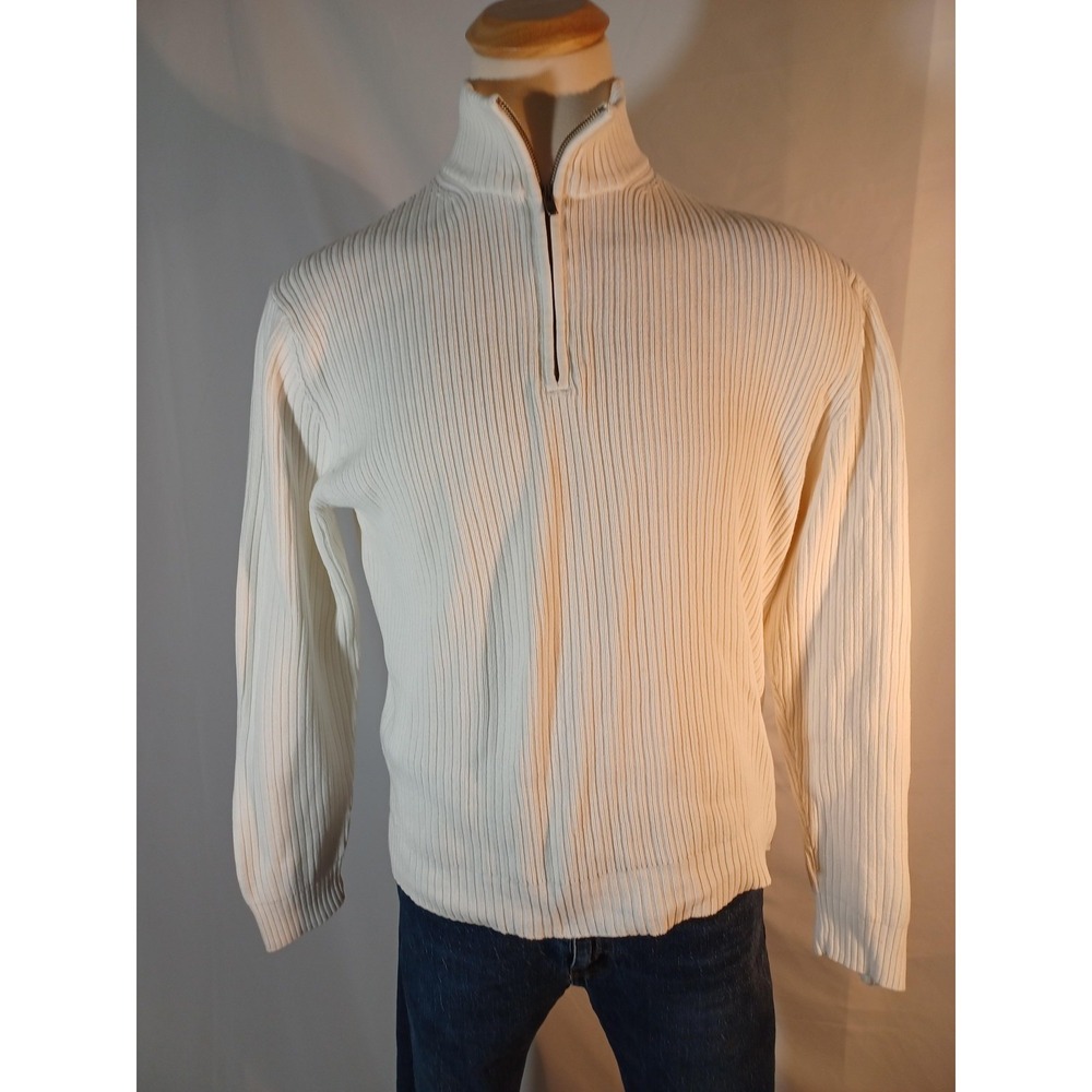 Calvin Klein Sweater Mens Large White Ribbed Mock Neck 1/4 Zip Cotton Pullover